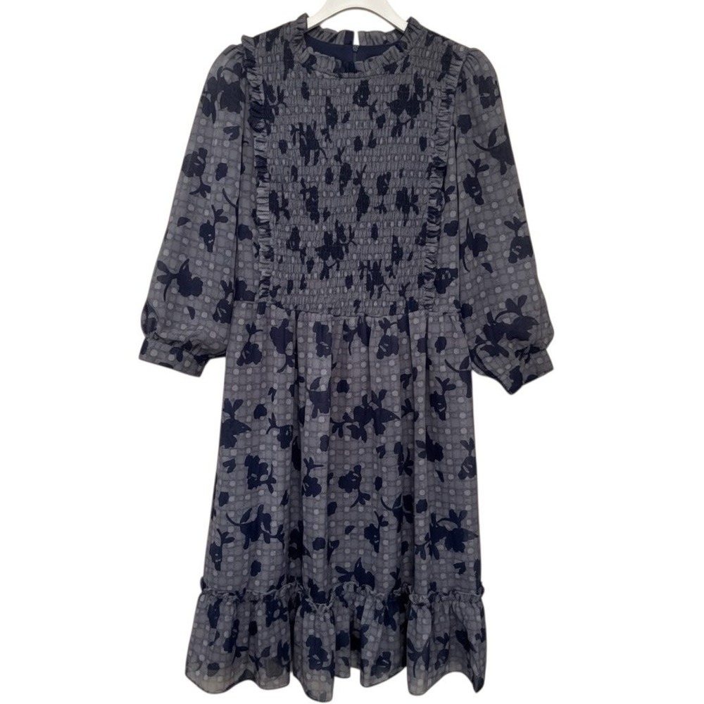 Alexis Roe Fame Smocked Midi Dress Plaid Navy Floral Ruffle Hem Womens NWT